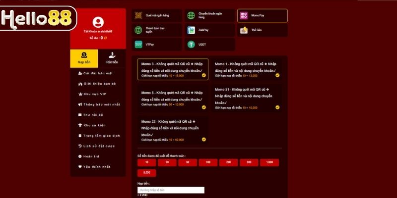 Tìm hiểu quy trình nạp tiền HELLO88 chi tiết